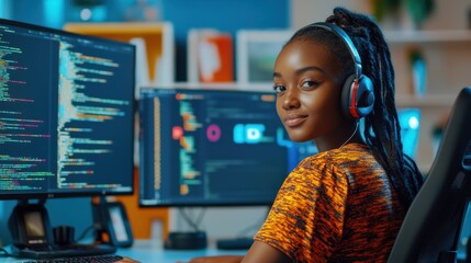 A young female software engineer immersed in her work, wearing headphones and coding on multiple screens in a vibrant workspace. Perfect for technology themes.