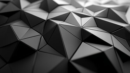 Abstract black geometric pattern featuring three-dimensional triangular shapes arranged in a dynamic formation.