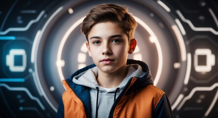 caucasian teen boy futuristic tech bright background wearing fashion portrait