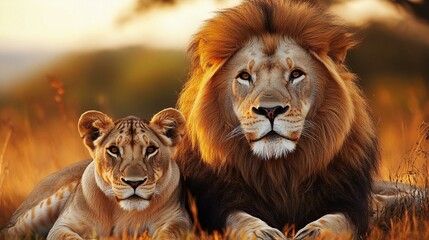 Un lion et un lionceau allongés dans la savane africaine