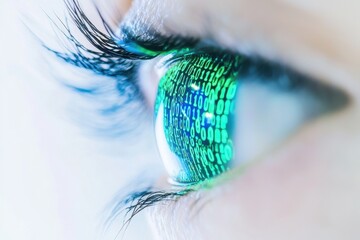 Green binary code reflected in human eye concept of digital vision