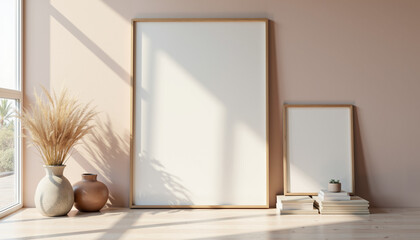 An interior mockup featuring two empty frames leaning against a beige wall in a modern living room. The frames are surrounded by a vase with dried grass, a stack of books