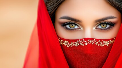 beautiful woman wearing a red mask and an embroidered beige dress, dark green veil and gold jewerly with earrings, full red outfit, necklace and bracelet in the desert, looking at camera