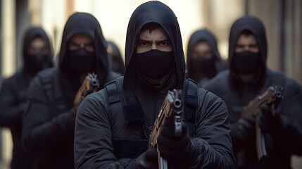 Wall Mural - Front view of organized crime group of men wearing black baklavas holding guns and looking at camera