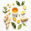 © Graphic Master - Elegant Arrangement of Ginseng and Ginger Alongside a Tea Cup on a Crisp White Background..