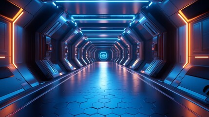 High-tech metallic hallway with hexagonal patterns, soft blue neon glow, reflective chrome surfaces, and a polished floor capturing the entire scene's symmetry