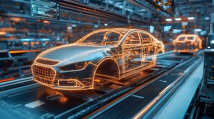 Poster - A wireframe car model moving along an automated assembly line.