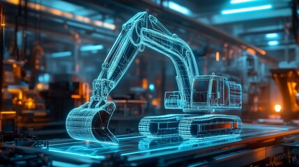 Fototapete - A wireframe model of an excavator in a futuristic factory setting.
