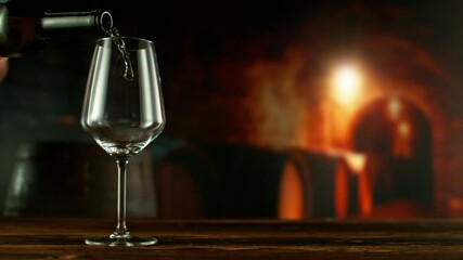 Fototapete - Super Slow Motion of Pouring White Wine into Glass. Filmed on High Speed Cinema Camera, 1000 fps. Wine Cellar on Background.