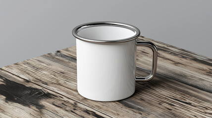 Single Glossy White Enamel Metal Mug Resting on a Natural Wooden Piece..