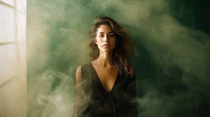 Beautiful girl shrouded in dramatic smoke. Female portrait. Beautiful woman face. Fashion pretty lady. Ethereal color smoke