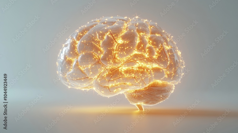 Futuristic 3D model of a glowing brain with intricate neural pathways ...
