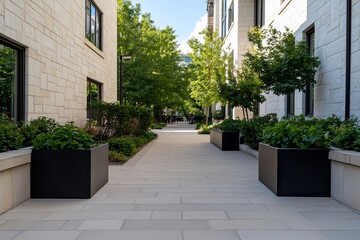 Sticker - A paved walkway lined with trees and planters leads to a courtyard.