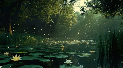 Wall Mural - Enchanted Forest Pond with Water Lilies and Sunlight