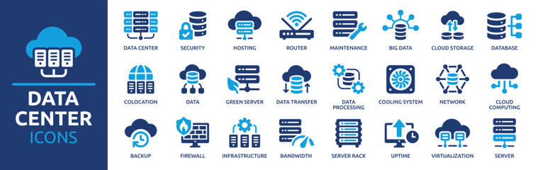 data center icon set. containing server, hosting, infrastructure, backup, cloud storage, server rack