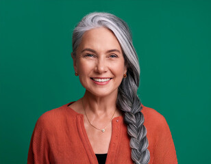 Wall Mural - Studio Portrait of Mature Teacher Woman Happily Smiling Against Colored Studio Background