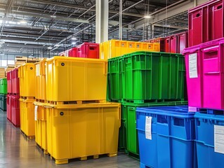 a vibrant array of colorful storage bins stacked in a modern warehouse environment, showcasing effic