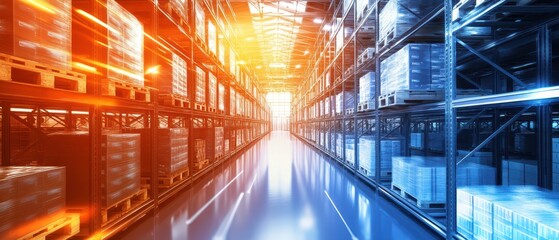 A modern warehouse interior with illuminated aisles, showcasing neatly stacked pallets in rows, conveying an efficient storage environment.