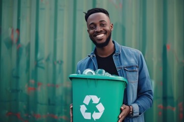 Poster - Man holding recycle bin smile adult green.