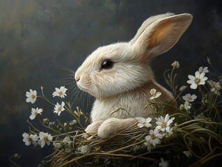 Sticker - White Rabbit Surrounded by Delicate Flowers - A Charming Animal Portrait