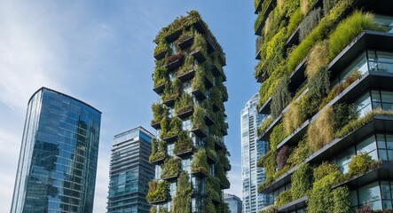 Vertical gardens climbing up skyscrapers in a smart city background lush greenery integrated into architecture promoting sustainability in an urban landscape