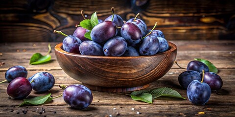 Wall Mural - Plump, Ripe Plums Overflowing in a Rustic Wooden Bowl with a Few Scattered Around on a Rough Wooden Surface