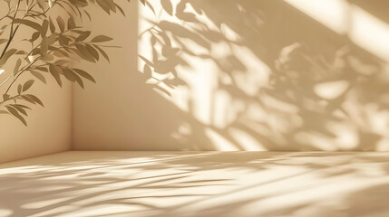 Canvas Print - Minimalist Beige Background with Light Shadow and Leaves Illustration