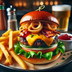 A gourmet burger featuring a juicy beef patty topped with melted cheddar cheese, crispy bacon, caramelized onions, and fresh lettuce