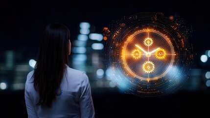 Woman observing digital clock interface