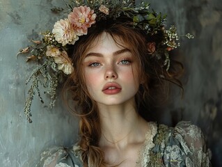 Wall Mural - Floral Crown Portrait: A Woman's Beauty and Grace