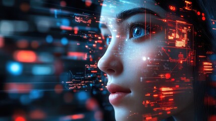 Digital human face concept, AI and cyber security theme, 3D illustration