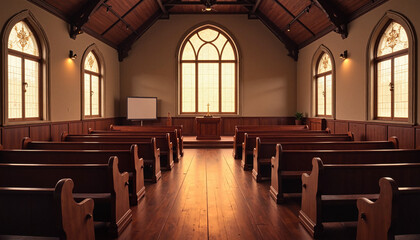 Cozy chapel interior with wooden pews and soft lighting