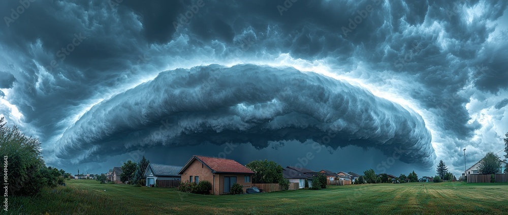 Massive storm clouds rolling over an open field with tall grass under a ...