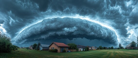 Wall Mural - Massive storm clouds rolling over an open field with tall grass under a dramatic sky creating a powerful and moody landscape Generative AI