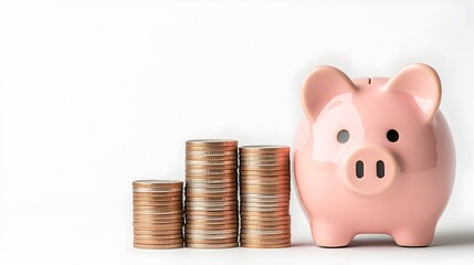 Poster - Vibrant Pink Piggy Bank Standing Tall with Stacks of Rising Coins on Bright White Background Vividly Illustrating the Concept of Steady Financial Growth and Savings Accumulation