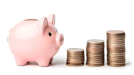 Poster - Steadily Growing Savings Visualized with Cute Pink Piggy Bank and Increasing Piles of Coins Stacked on a Plain White Background