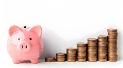 Poster - Steadily Growing Savings in a Cute Pink Piggy Bank on a White Background   Symbol of Financial Planning Investment and Wealth Accumulation