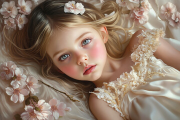 a little girl laying on a bed of flowers
