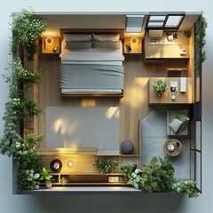 Wall Mural - top view 3d render of contemporary minimalist bedroom lowprofile platform bed minimalistic accessori