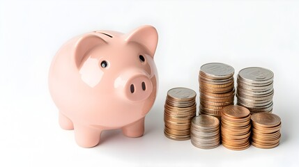 Poster - Soft pink piggy bank positioned beside growing stacks of coins on a white background illustrating the concept of building savings and financial growth over time