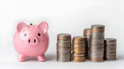 Poster - A playful pink piggy bank alongside increasing stacks of coins displayed on a white background representing the growth of personal savings and financial prosperity