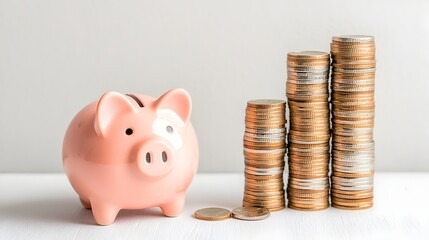Poster - Piggy Bank Placed Next to Tall Growing Columns of Coins on a White Background Symbolizing Consistent Savings and Financial Stability Through Investment and Asset Growth