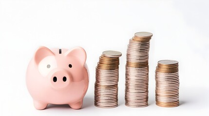 Poster - Piggy Bank and Stacks of Increasing Coins on Minimalist White Background Symbolizing the Concept of Financial Growth and Wealth Accumulation Through Consistent Savings