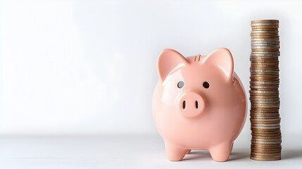 Poster - Pink Piggy Bank with Stacked Coins on White Background Illustrating Savings Growth and Financial Planning  Conceptual image showcasing the concept of saving money investment