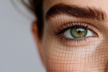 close-up portrait of a woman's face with flawless skin and subtle makeup. The face is overlaid with a geometric grid pattern, highlighting facial symmetry and structure.