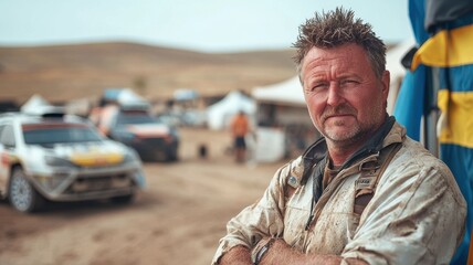 A focused portrait of a team manager at a rally event, set against a dusty backdrop of vehicles and tents, showcasing determination and leadership in a competitive environment.