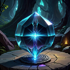 A large, multifaceted, blue crystal emits a bright light, standing on a stone platform in a dark forest. Its surrounded by rocks and foliage, with a faint glow from the trees in the background.