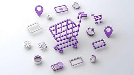 Aufkleber - Neumorphic 3D Shopping Cart Icon with Purple Gradient and Line Style Buttons Representing Modern Digital Tools for Online Shopping and Ecommerce