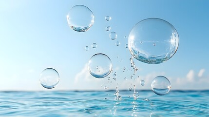 Aufkleber - Tranquil Aquatic Bubble Fluid Abstract for Calming Wallpaper or Digital Backdrop  Close up of large water bubbles in mid air set against a serene ocean blue background