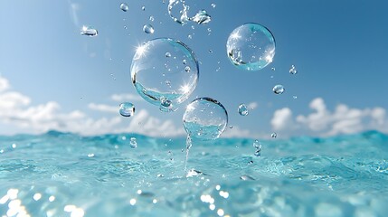 Aufkleber - Closeup of large captivating water bubbles suspended in mid air set against a serene and calming ocean blue background